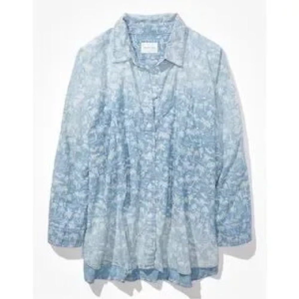 American Eagle Oversized Chambray Button-Down Shirt – Palm Print – Size Small